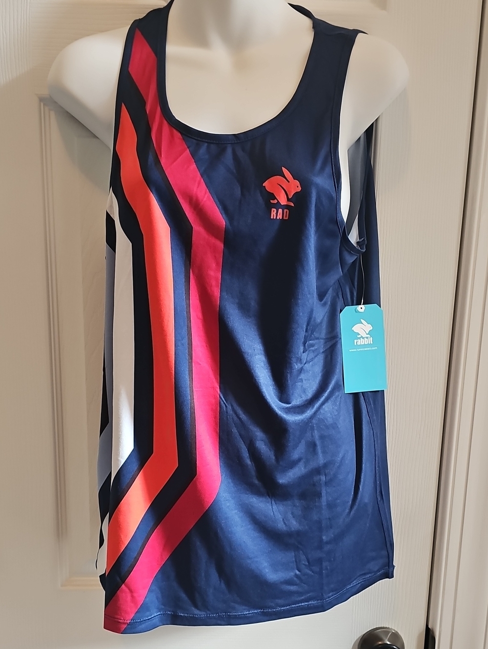 Rabbit Rad Men's Navy Tank Top with Red & Orange Chevron Stripes